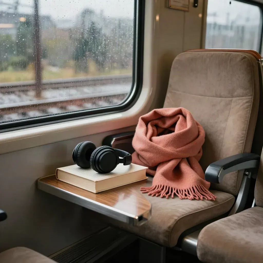 Zugfensterplatz mit Buch, Kopfhörern und Schal im Regenlicht.