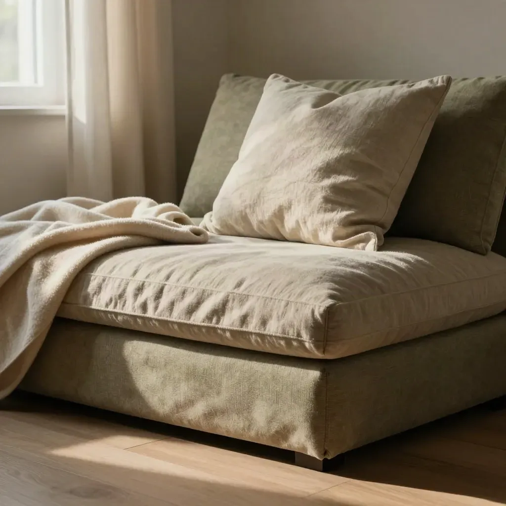 Sofa-Ecke mit Decke, Kissen und halb geschlossener Gardine im warmen Abendlicht.