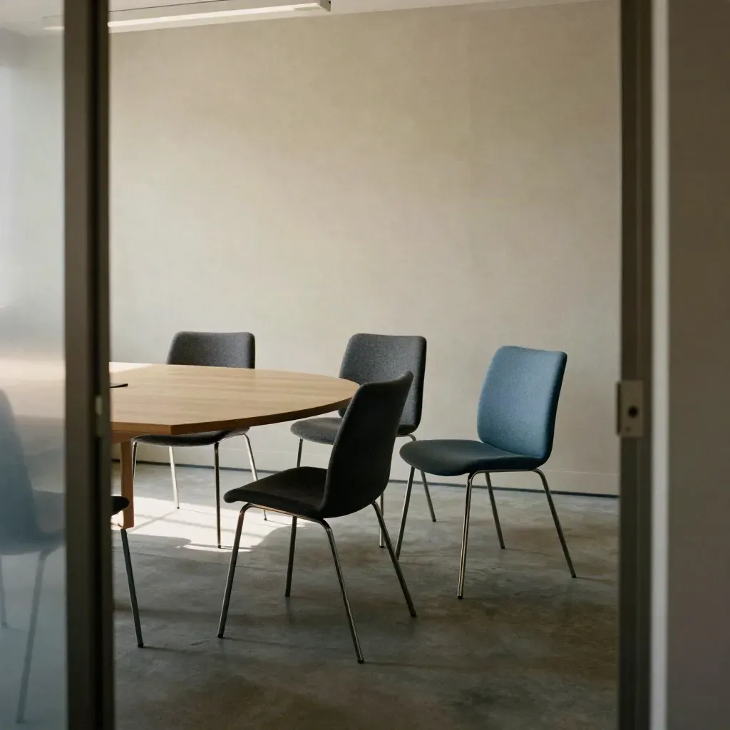 Leerer Besprechungsraum mit ordentlich gestellten Stühlen und ruhiger Wand im sanften Licht.