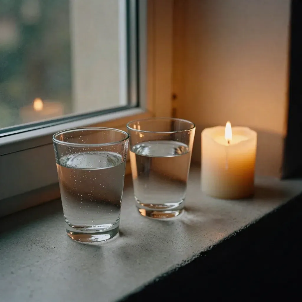 Zwei Wassergläser, unangezündete Kerze und halb offenes Fenster im warmen Abendlicht.