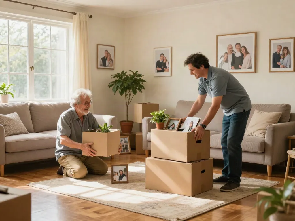 Seniorenumzug Berlin: Elderly couple joyfully unpacking in their new home with assistance from a friendly moving representative.